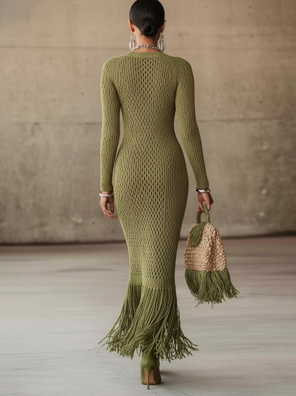 Olive Green Knit Fringe Hem Bodycon Maxi Dress