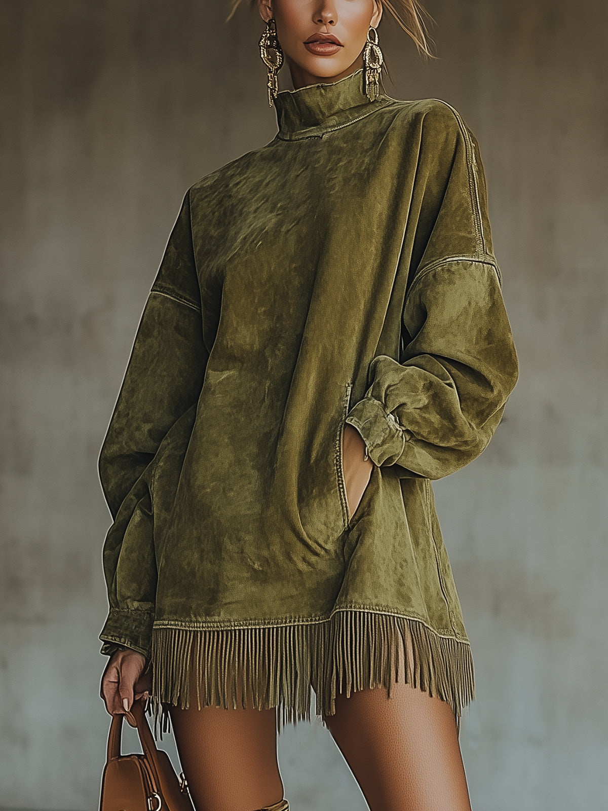 Olive Faux Suede Turtleneck Dress With Fringe Hem