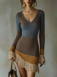 Multicolor Knit Mini Dress With Lace Ruffle Trim