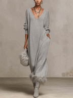 Silver Gray Shimmer Knit Maxi Dress With Faux Feather Trim Hem