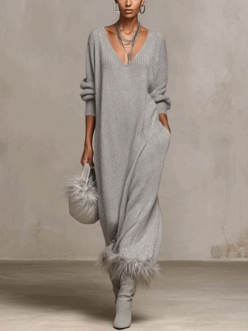 Silver Gray Shimmer Knit Maxi Dress With Faux Feather Trim Hem