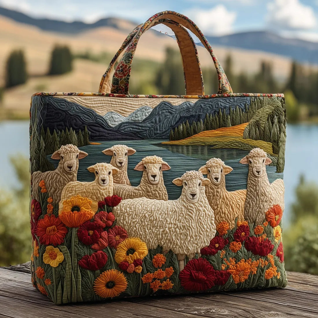 Handmade Bag with Sheep by the Lake