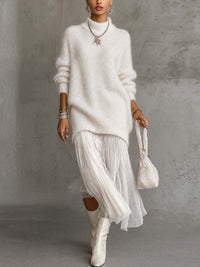White Shimmer Fuzzy Knit Sweater Dress With Pleated Chiffon Patchwork Hem