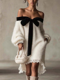 Ivory Shimmer Fuzzy Knit Off-Shoulder Mini Dress With Black Velvet Bow