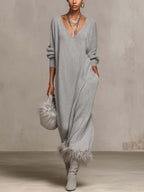 Silver Gray Shimmer Knit Maxi Dress With Faux Feather Trim Hem