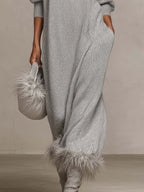 Silver Gray Shimmer Knit Maxi Dress With Faux Feather Trim Hem