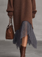 Chocolate Brown Fuzzy Mohair Knit Midi Dress With Contrast Lace Hem
