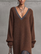 Chocolate Brown Fuzzy Mohair Knit Midi Dress With Contrast Lace Hem