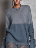 Gray And Slate Blue Color Block Mohair Knit Mini Dress With Crochet Lace Hem