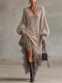 Taupe Sequin Mohair Knit Midi Dress With Sheer Tulle Tiered Ruffle Skirt