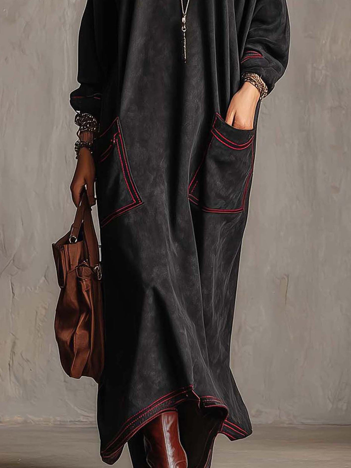 Black Faux Suede Maxi Dress With Red Contrast Stitching And Patch Pockets