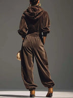 Vintage brown velvet hoodie and loose-fitting trousers set (Includes belt)