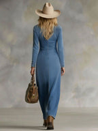 Agape | V-neck Single Button Side Split Denim Long Sleeve Maxi Dress