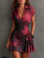 Serena | Mini Wrap Dress in Abstract Print, Bordeaux