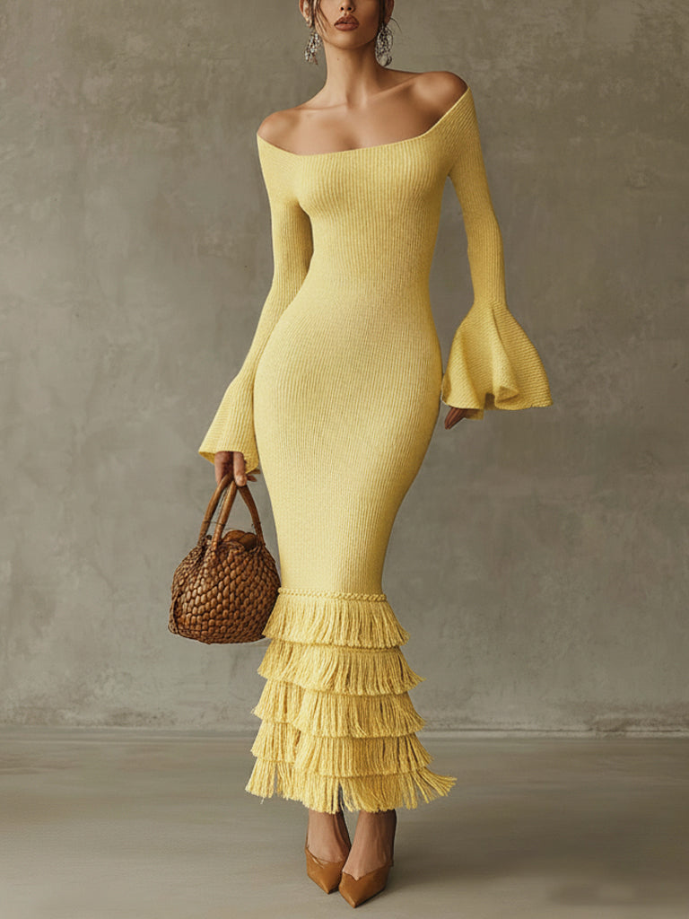 Yellow Off Shoulder Fringe Lightweight Knit Bodycon Dress