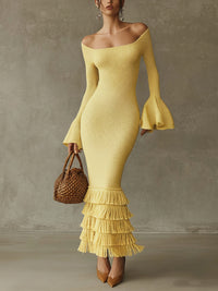 Yellow Off Shoulder Fringe Lightweight Knit Bodycon Dress