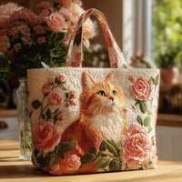 Handmade Bag with Red Cat and Pink Roses