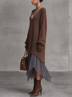 Chocolate Brown Fuzzy Mohair Knit Midi Dress With Contrast Lace Hem