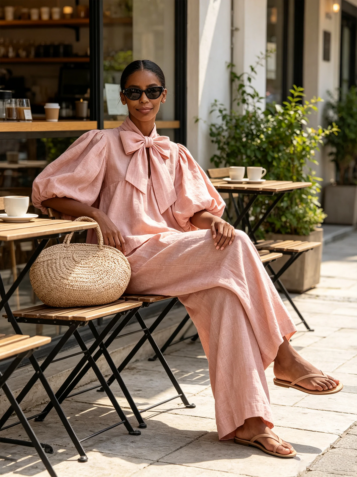 Linen-Blend Bow Tie Puff Sleeve Top & Wide-Leg Pants Set