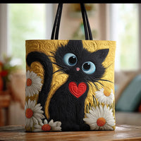 Handmade Bag with Black Cat, Heart and Daisies