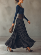 Navy Ribbed Knit Top And Waist Color Block Pleated Maxi Skirt Set