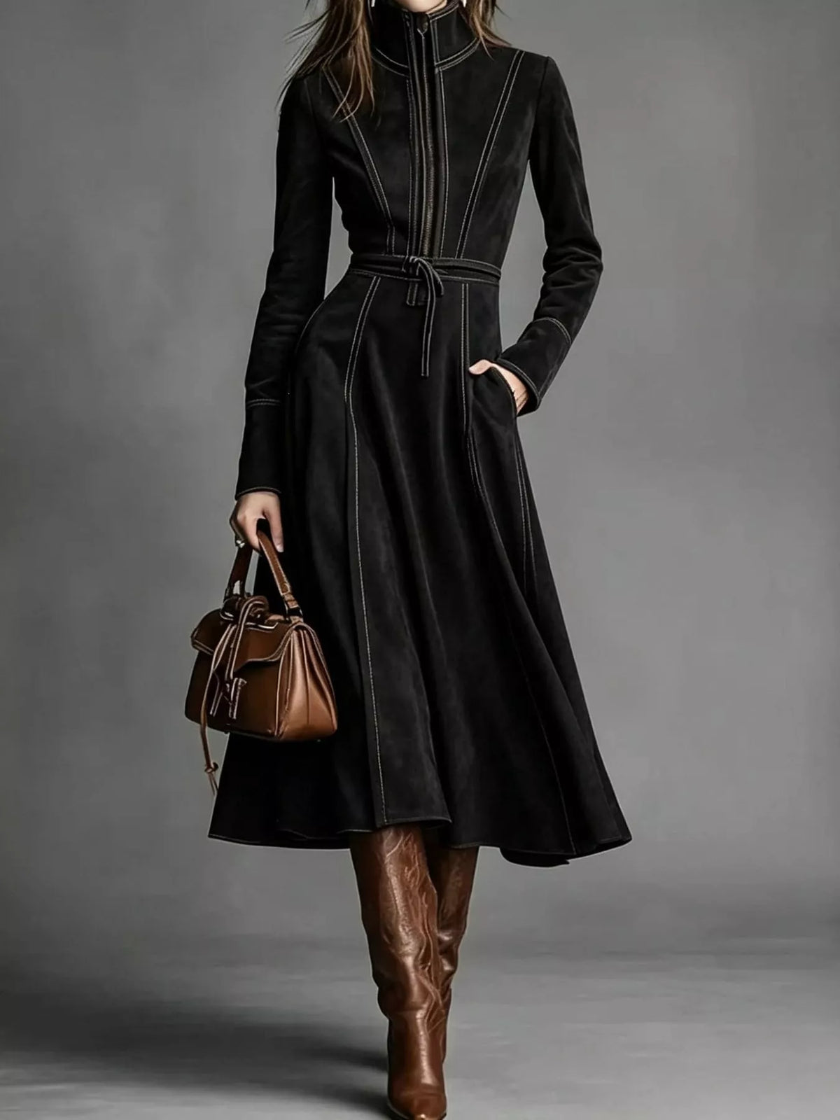 Full Size Zipper Front Midi Dress Plus Size