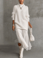 White Shimmer Fuzzy Knit Sweater Dress With Pleated Chiffon Patchwork Hem