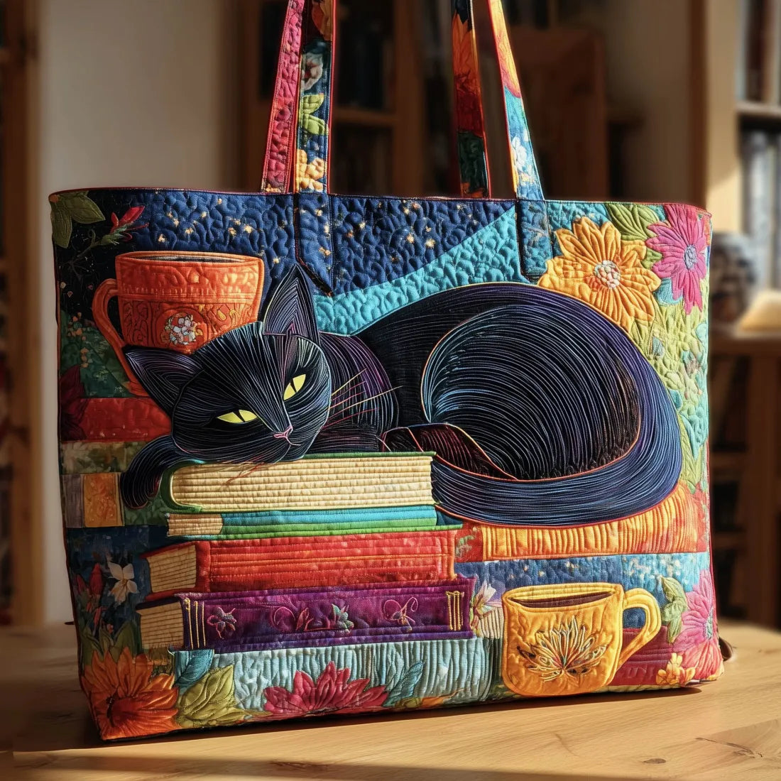 Handmade Bag with Black Cat, Books and Mugs
