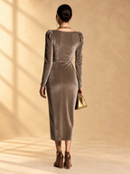 Arabella | Velvet cowl-neck midi dress with draped wrap skirt