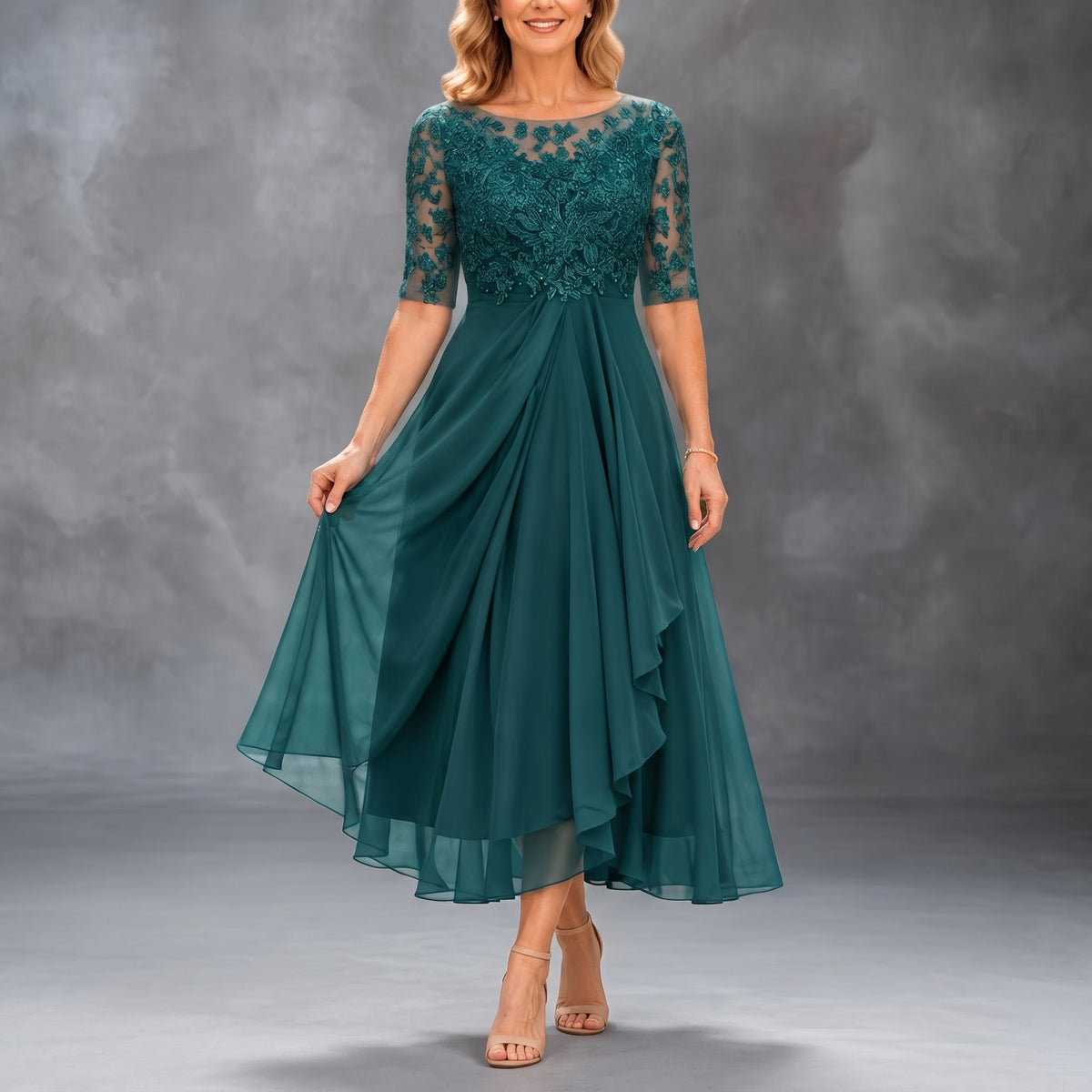Michellle | Lace Bodice Draped Midi Dress