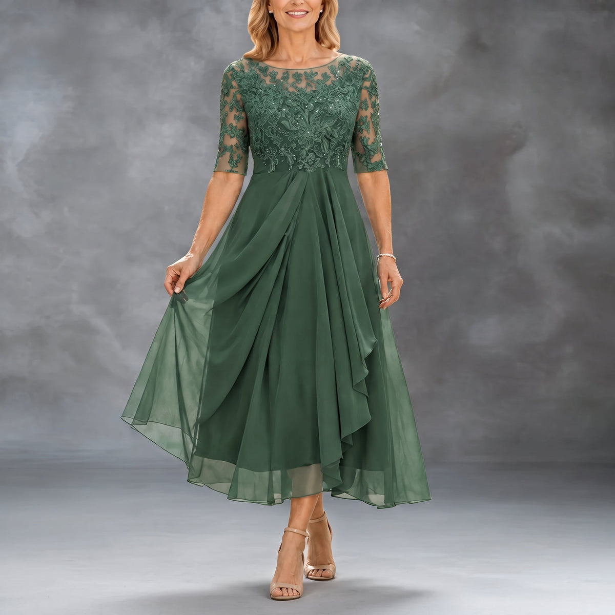 Pia | Lace Bodice Draped Midi Dress