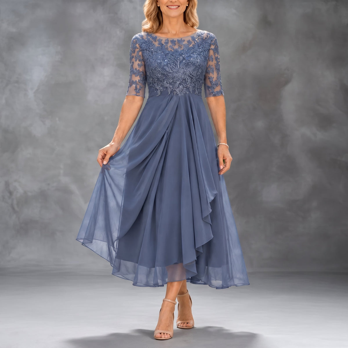 Mariah | Lace Bodice Draped Midi Dress
