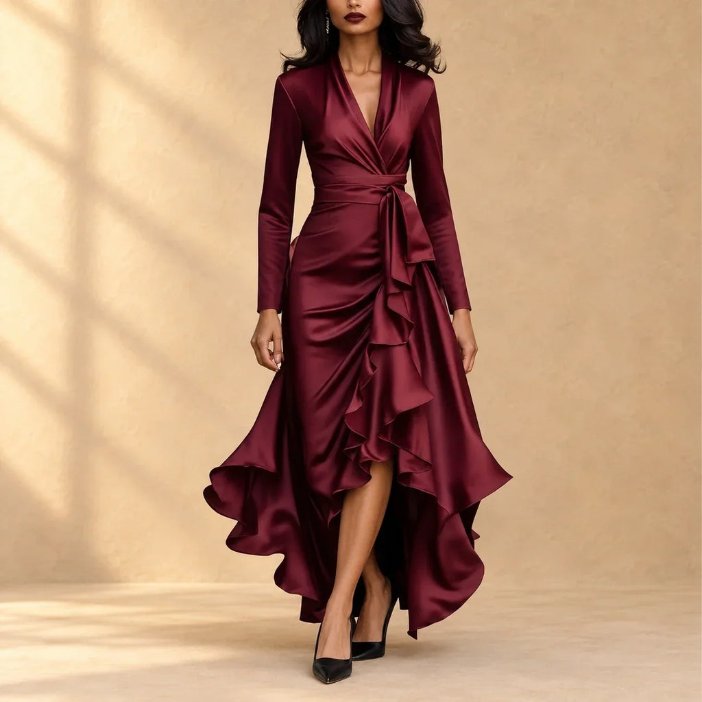 Charlotte | Satin wrap dress with cascading ruffles and long sleeves