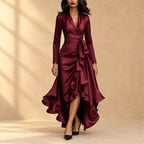 Charlotte | Satin wrap dress with cascading ruffles and long sleeves
