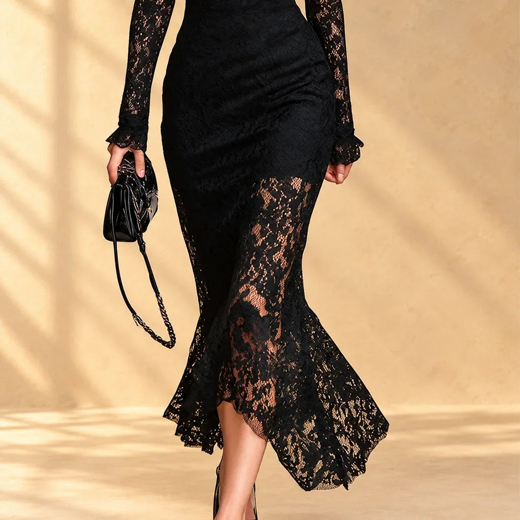 Arabella | Black lace evening dress with mock neck and long sleeves