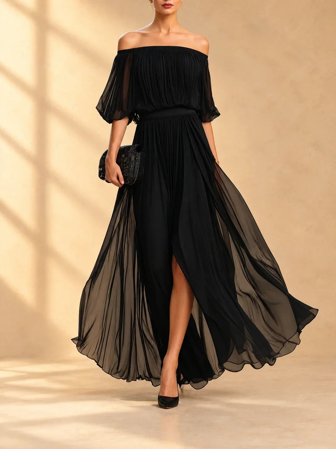 Genevieve | Off-shoulder chiffon maxi dress with flowing skirt