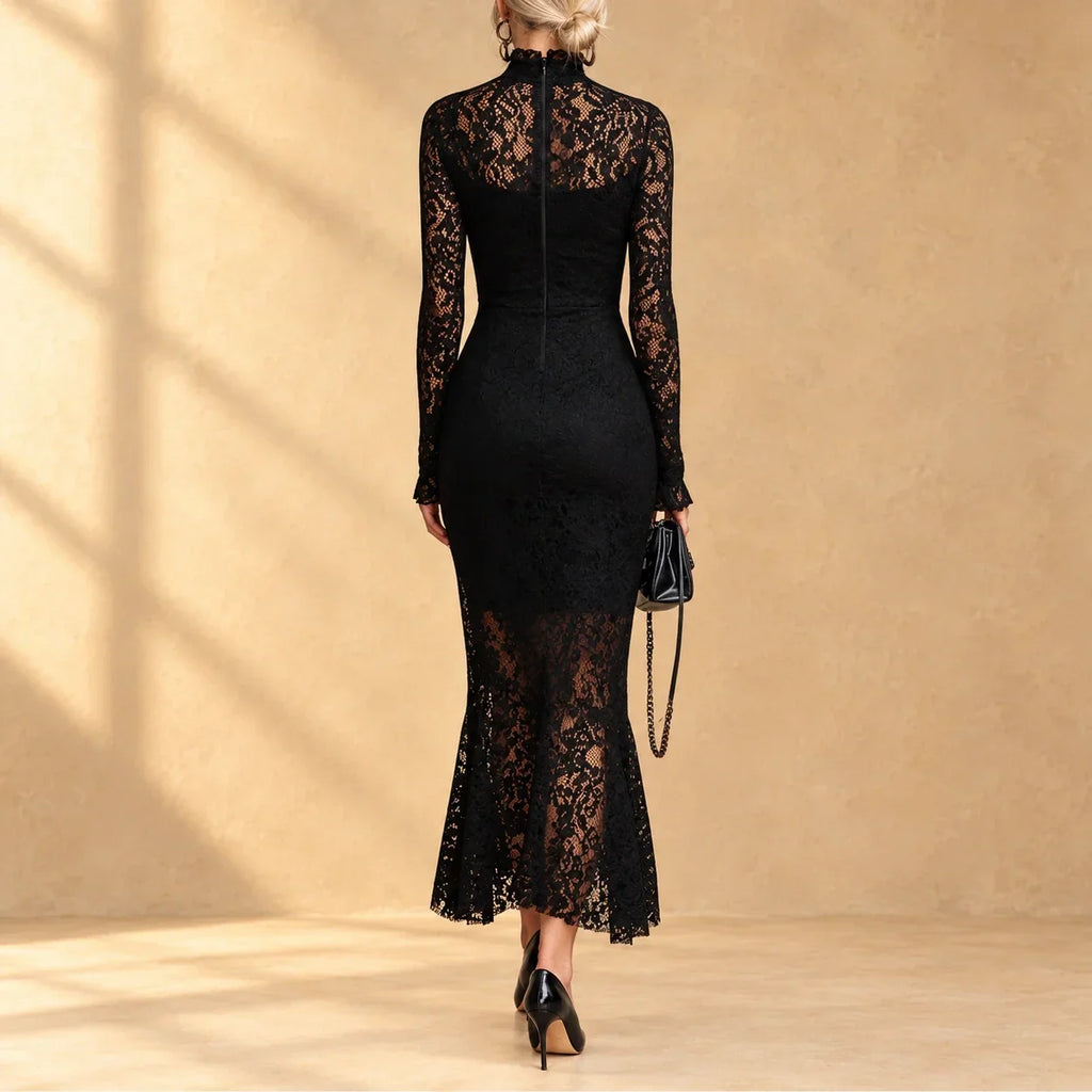 Arabella | Black lace evening dress with mock neck and long sleeves