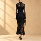 Arabella | Black lace evening dress with mock neck and long sleeves