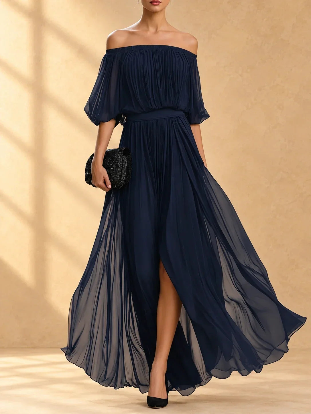 Genevieve | Off-shoulder chiffon maxi dress with flowing skirt