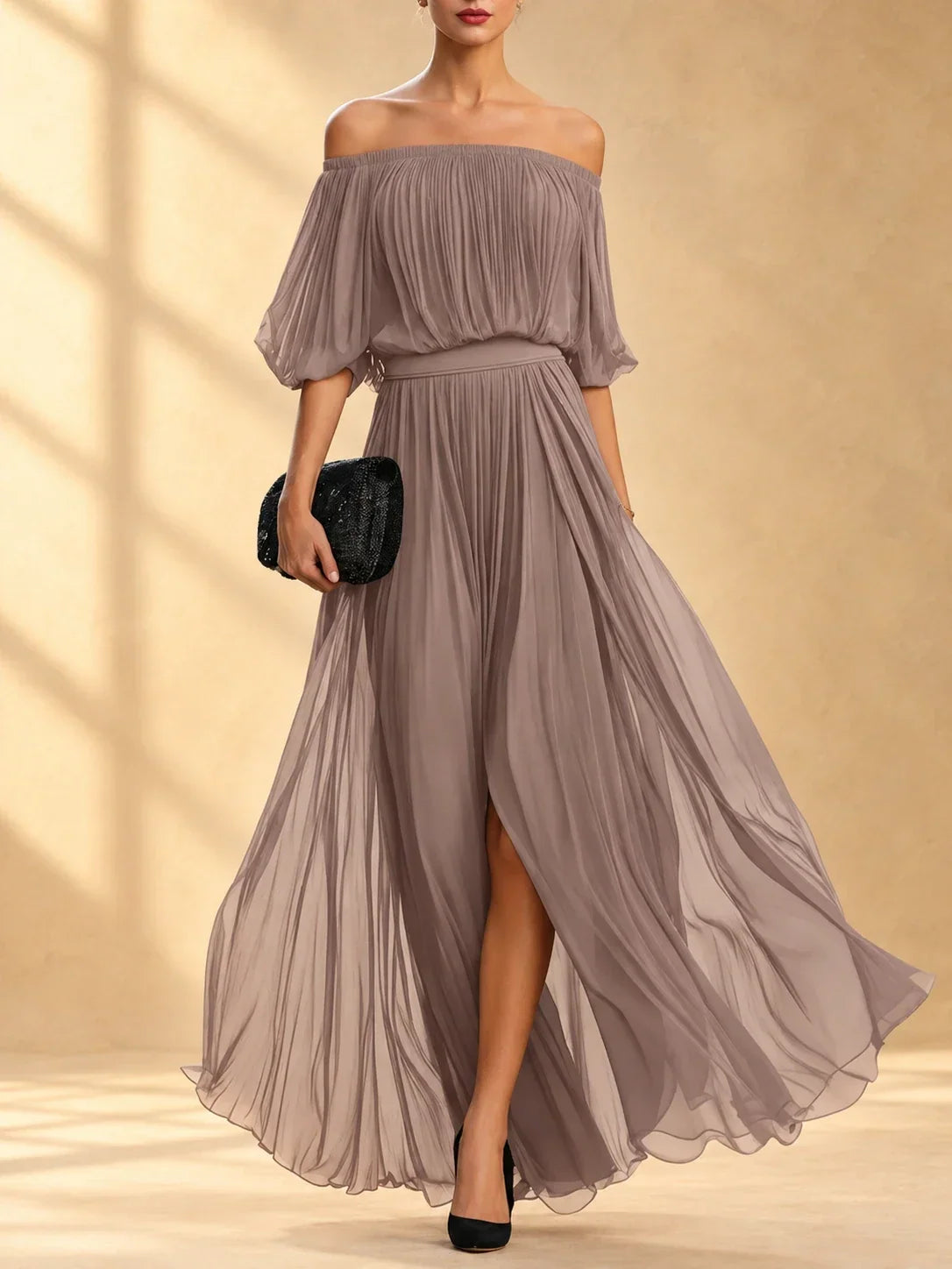 Genevieve | Off-shoulder chiffon maxi dress with flowing skirt
