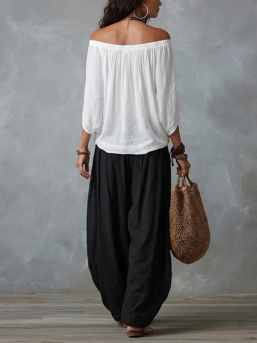 Ella | Top White Off-the-shoulder and Wide Lantern Pants Set