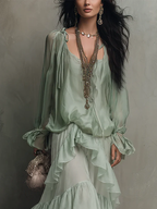 Mira | Mint Green Chiffon Top with Ruffles Paired with a Layered Skirt Set