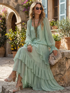Mira | Mint Green Chiffon Top with Ruffles Paired with a Layered Skirt Set