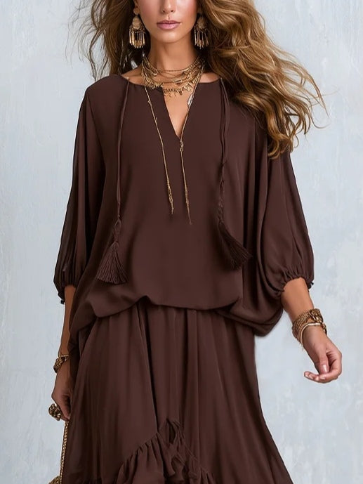 Bea | Brown Chiffon Top with Fringes and V-Neck Paired with a Layered Ruffled Skirt Set
