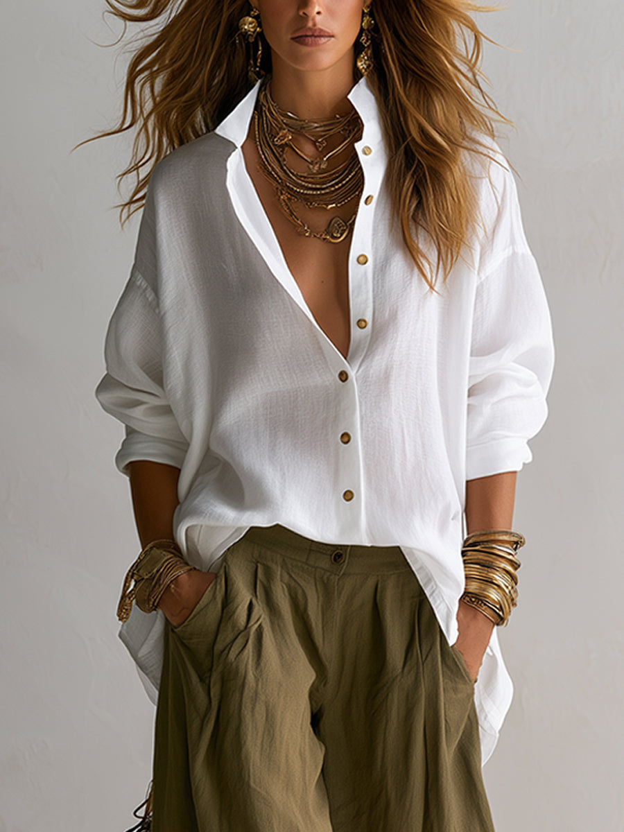 Noah | White Loose Shirt and Green Wide-Leg Lantern Pants