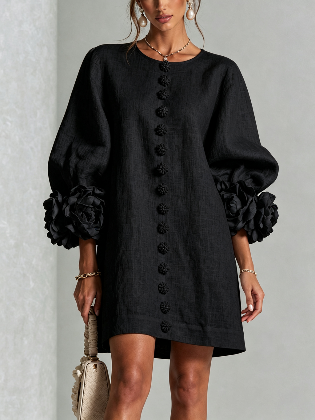 Rosamund | Floral-Cuff Button Mini Dress