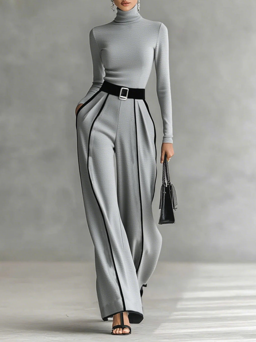 Lyn | Long Sleeve High Neck Top and Wide Leg Trousers Set with Belt