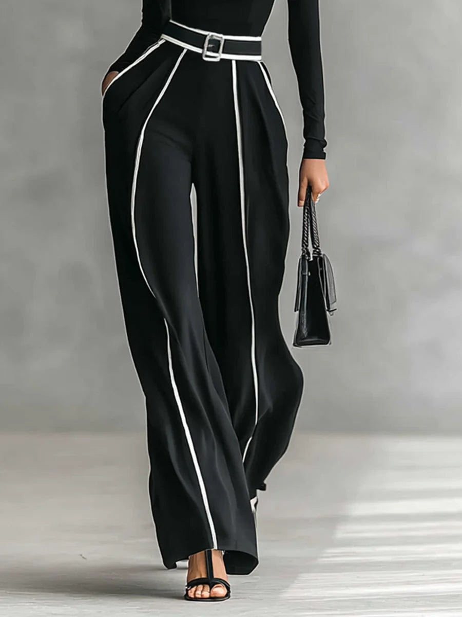Lyn | Long Sleeve High Neck Top and Wide Leg Trousers Set with Belt
