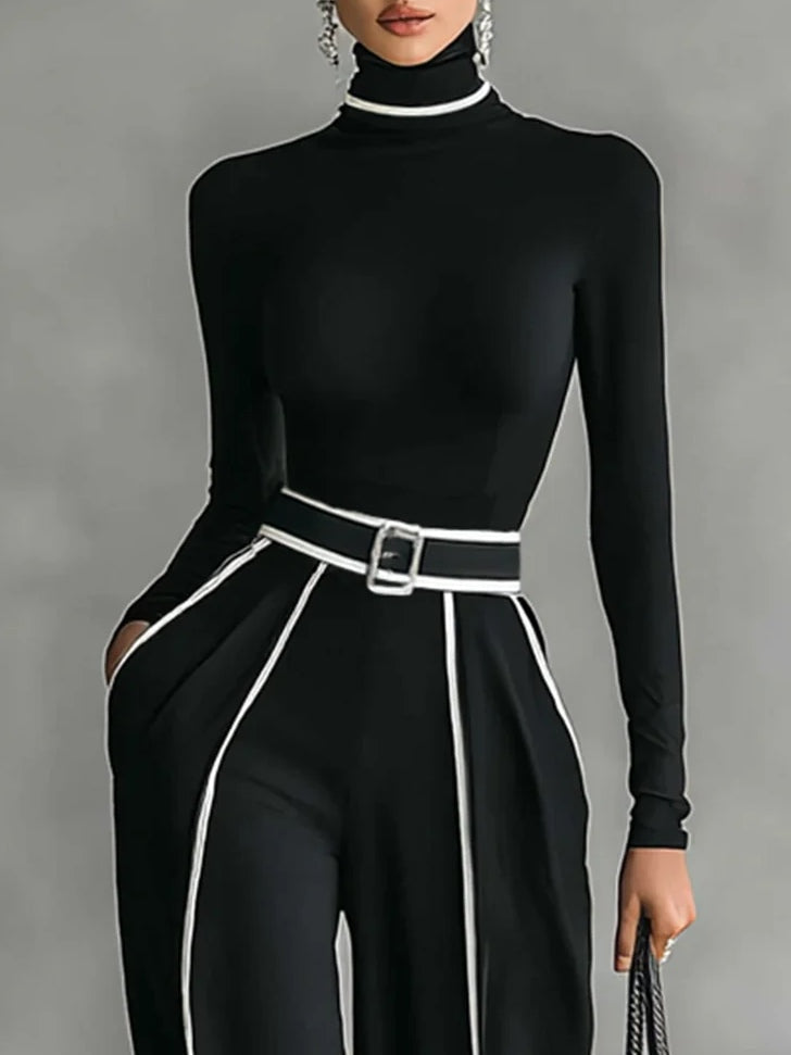 Lyn | Long Sleeve High Neck Top and Wide Leg Trousers Set with Belt