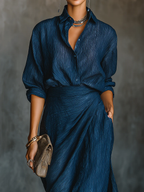 Lydia | Elegant Dark Blue Cotton and Linen Shirt Set with Long Skirt